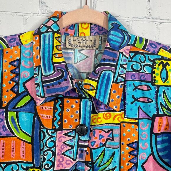 VTG Life Style Jacket Women Medium Buttons Sequins Beaded Artsy Abstract Coat - Picture 4 of 16